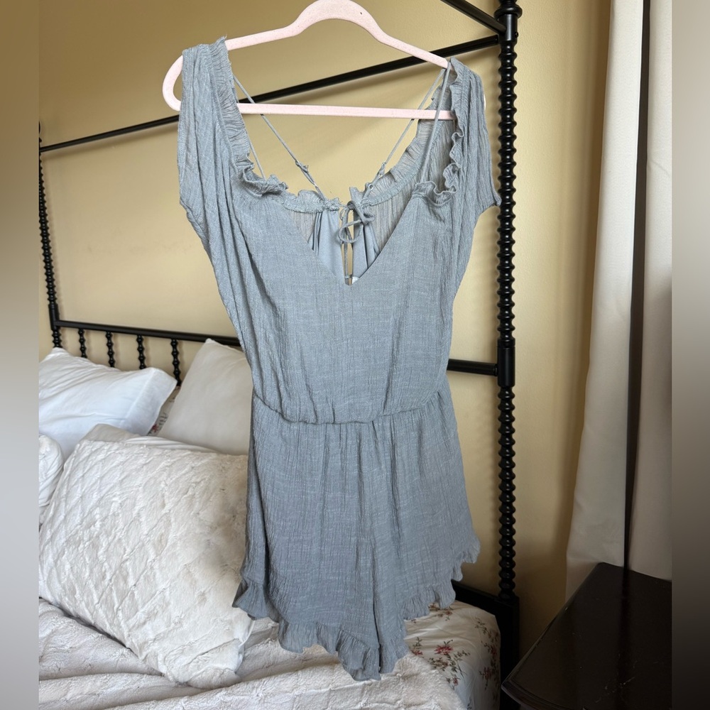 Gray Ruffled Drop Shoulder Romper